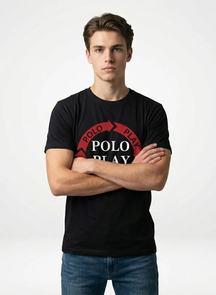 لعب البولو تيشيرت رجالي مطبوع أسود